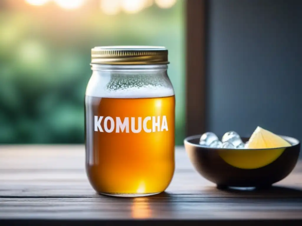 Jarra de kombucha burbujeante en mesa de madera rústica