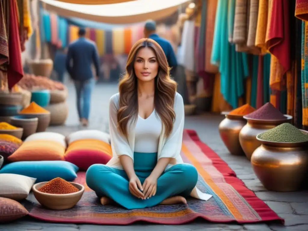Mujer viajera en mercado marroquí: serenidad y colorido Una joven viajera en un mercado marroquí, rodeada de colores y aromas