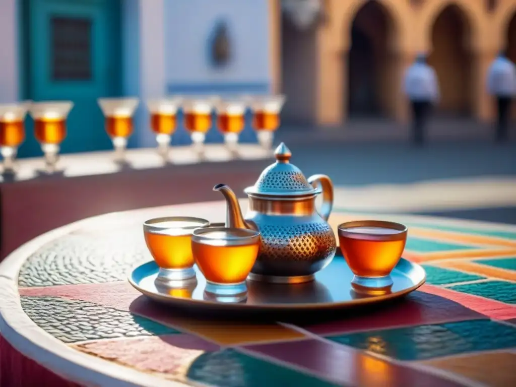 Un juego de té tradicional marroquí en una mesa de mosaico colorida, con sombras y mercado de fondo