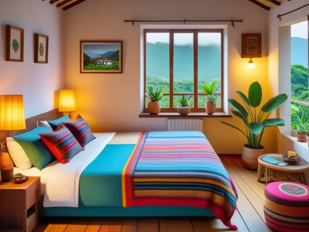 Habitación acogedora en Latinoamérica: decoración tradicional y cálida Preparación para homestay en América Latina: Acogedora habitación con decoración tradicional y cálida iluminación