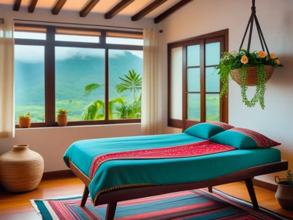 Acogedora habitación de hospedaje en Latinoamérica Preparación para homestay en América Latina: Dormitorio acogedor con cama hecha, textiles tradicionales y vista a jardín exuberante
