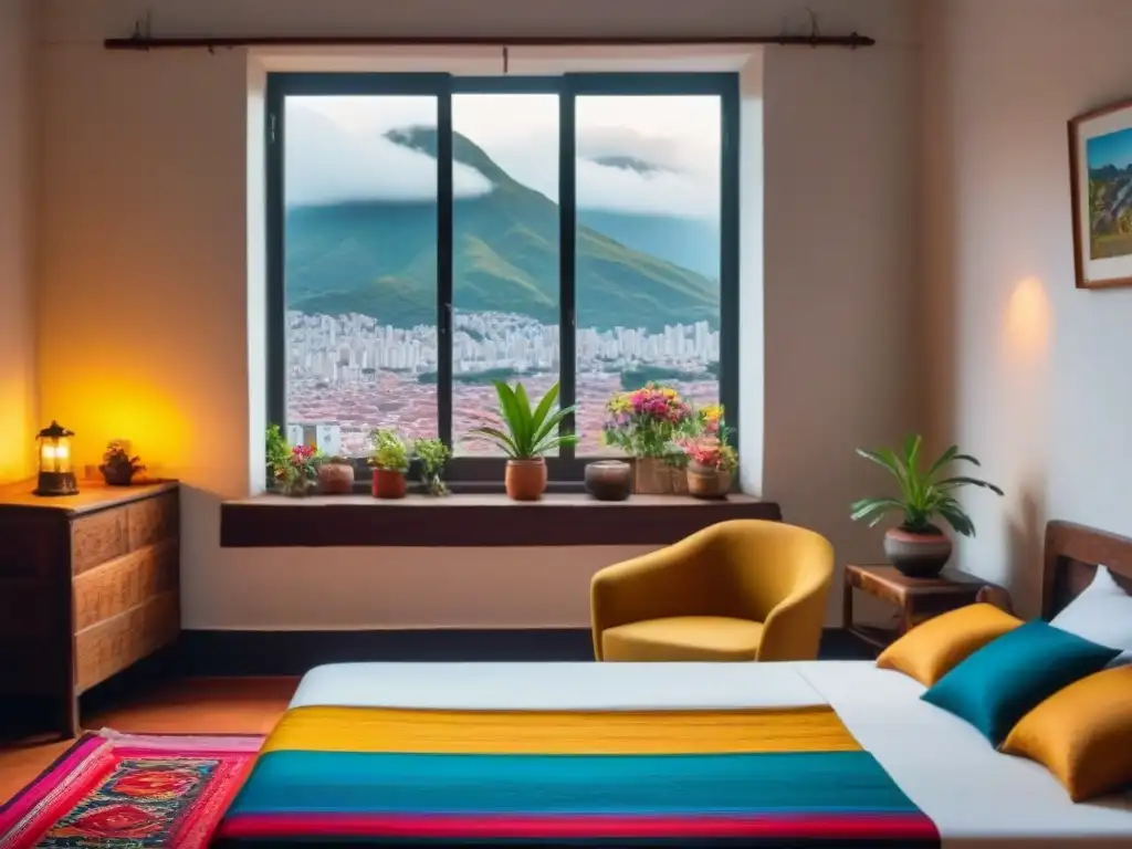 Acogedora habitación de homestay latinoamericano Preparación para homestay en América Latina: Dormitorio acogedor con detalles tradicionales y vista a la ciudad