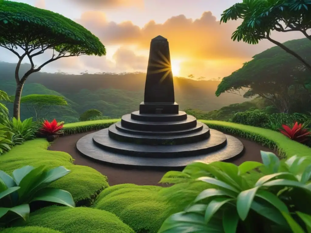 Latte stone chamorro en la selva al atardecer en Guam Un latte stone Chamorro tradicional entre exuberante vegetación, bañado por la cálida luz dorada del atardecer