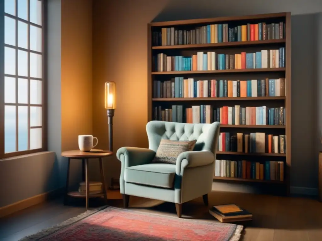 Un rincón de lectura acogedor, iluminado cálidamente, con libros locales que transforman vidas
