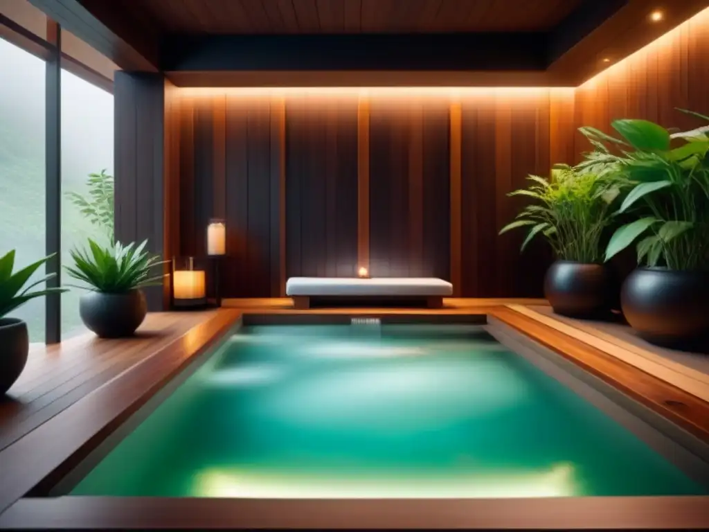 Una lujosa escena de spa con un baño japonés de madera rodeado de plantas verdes, transmitiendo tranquilidad y técnicas ancestrales spas bienestar