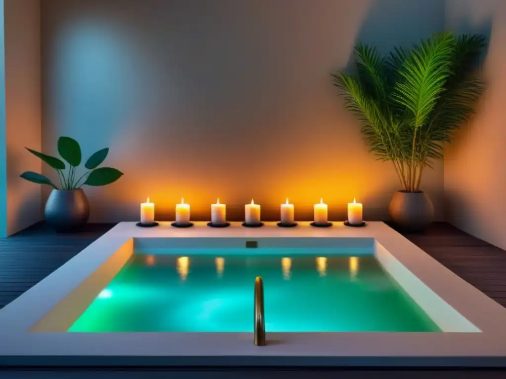 Un lujoso spa rodeado de vegetación exuberante y velas brillantes, invitando a relajación y tranquilidad