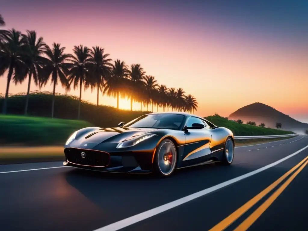 Lujo al atardecer: coche negro recorriendo carretera costera Un lujoso vehículo negro recorriendo una carretera costera al atardecer, reflejando los colores del cielo en su brillante exterior