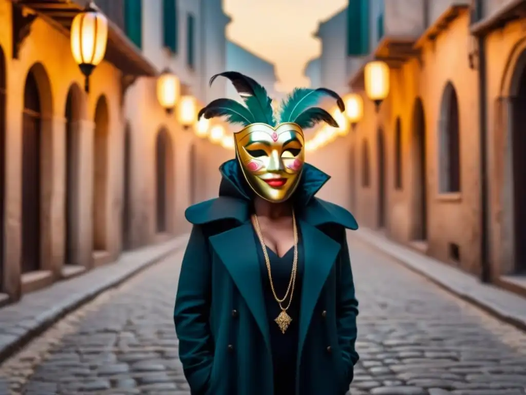 Misteriosa figura en Carnaval de Venecia Explora la magia del Carnaval de Venecia con una figura enmascarada en las antiguas calles empedradas iluminadas por linternas