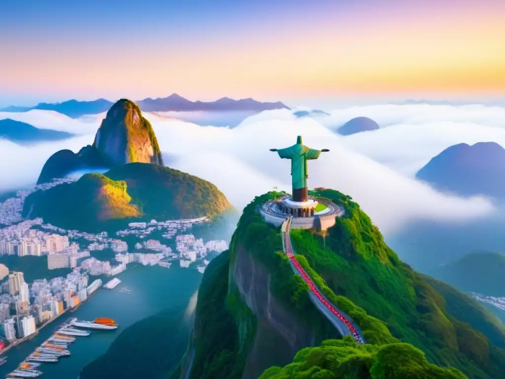 La majestuosa estatua del Cristo Redentor vigilando Río de Janeiro al atardecer dorado