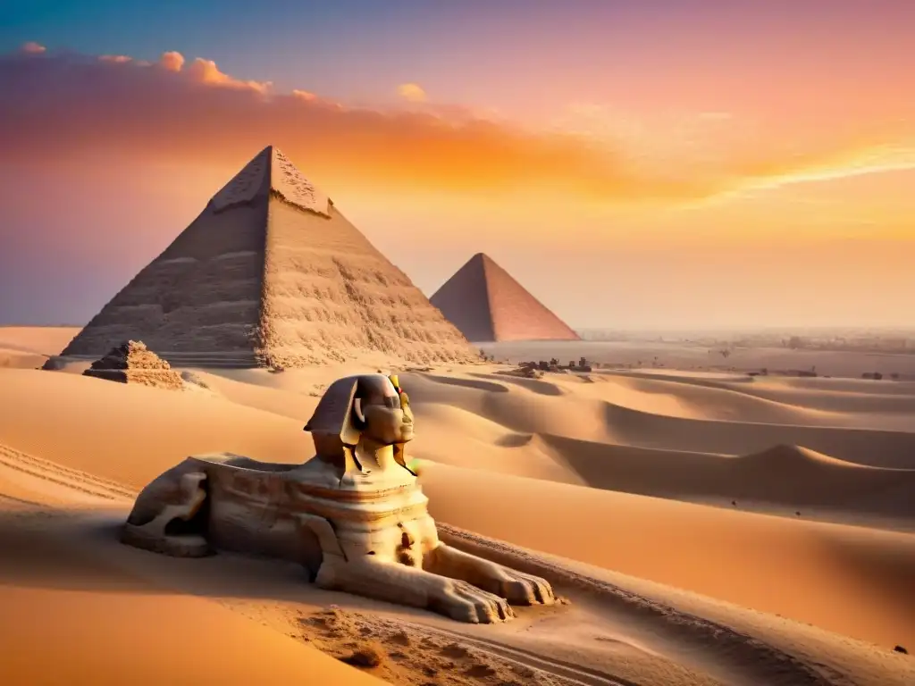 La majestuosa Esfinge de Giza se perfila ante un amanecer vibrante en el desierto, evocando las prácticas espirituales antiguas Egipto