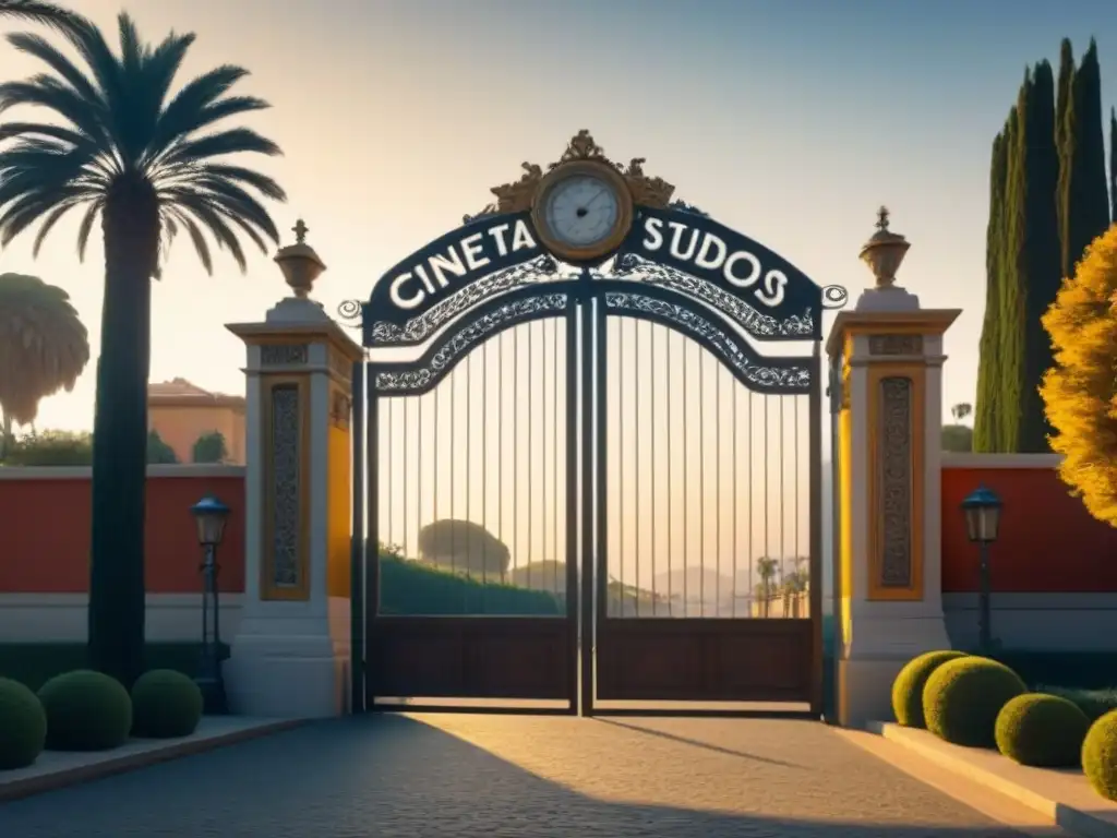 Majestuosa puerta de entrada a Cinecittà, con detalles arquitectónicos romanos y juego de luces y sombras