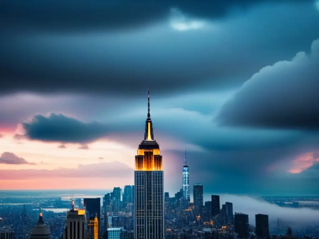 La majestuosa silueta del Empire State Building destaca en el cielo nublado al atardecer, capturando la esencia de la fotografía urbana en Nueva York