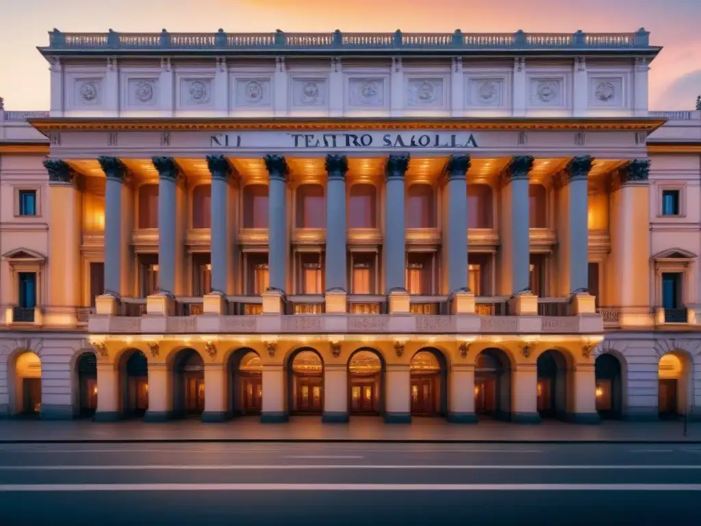 Una majestuosa vista del Teatro alla Scala en Milán, Italia, con su fachada neoclásica detallada