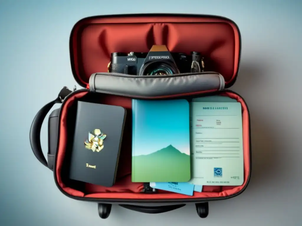 Un maleta abierta con ropa doblada, pasaporte, mapa y cámara, representa medidas de seguridad postviaje homestay