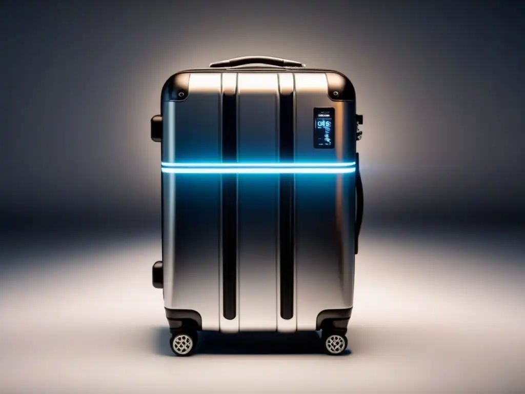 Móderna maleta con pantalla digital y GPS integrado Maleta futurista con pantallas digitales, candado biométrico y GPS integrado