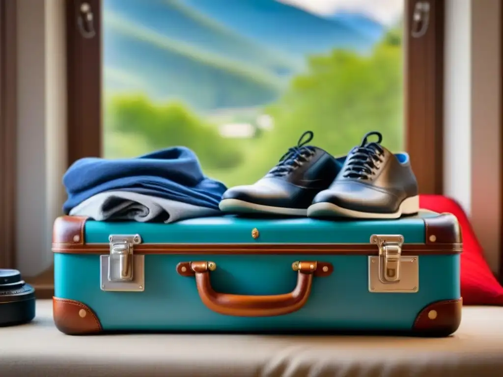 Maleta lista para aventuras: preparativos para homestay Maleta lista para homestay cultural: ropa doblada, zapatos cómodos, cuaderno, cámara y guía, en habitación acogedora con jardín