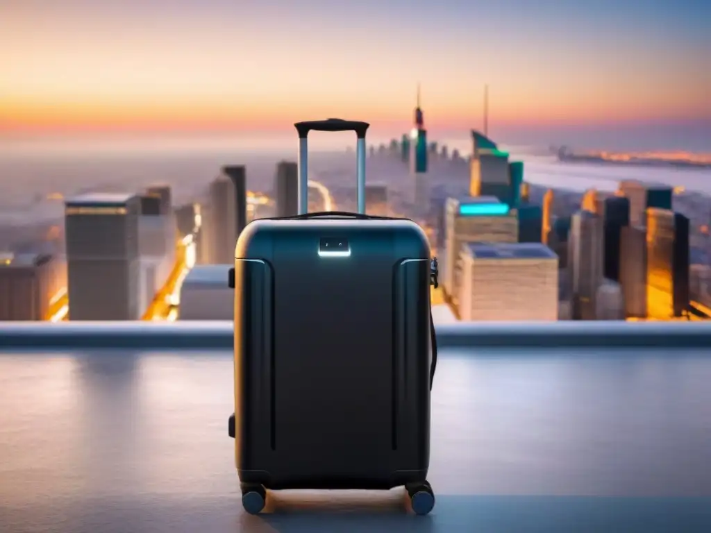 Maleta inteligente negra con GPS y candado digital en ciudad futurista Maleta negra con tecnología de viaje: GPS, báscula digital y cerradura biométrica, en ciudad futurista al anochecer
