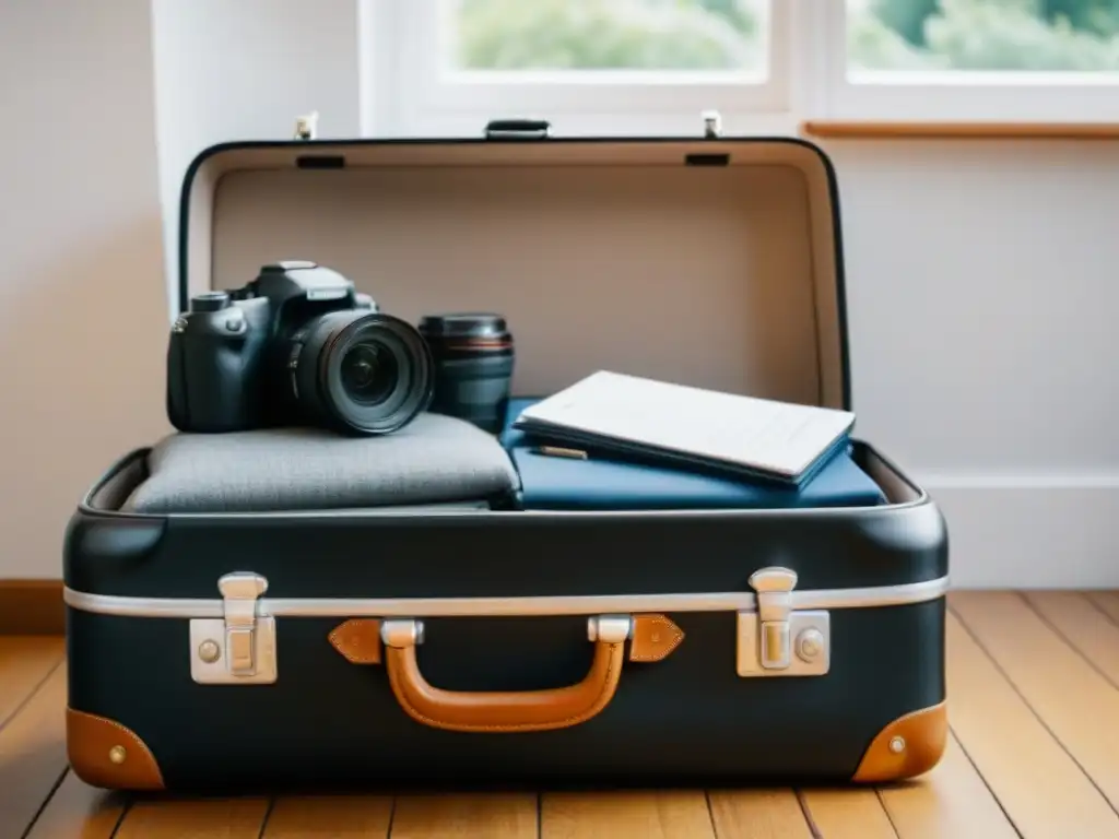Maleta organizada con elegancia y serenidad para una experiencia cultural Maleta ordenada con preparativos para homestay cultural: ropa, cámara, pasaporte y planta verde