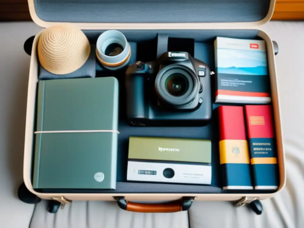 Una maleta meticulosamente organizada con elementos de inmersión cultural, rodeada de souvenirs de distintos países
