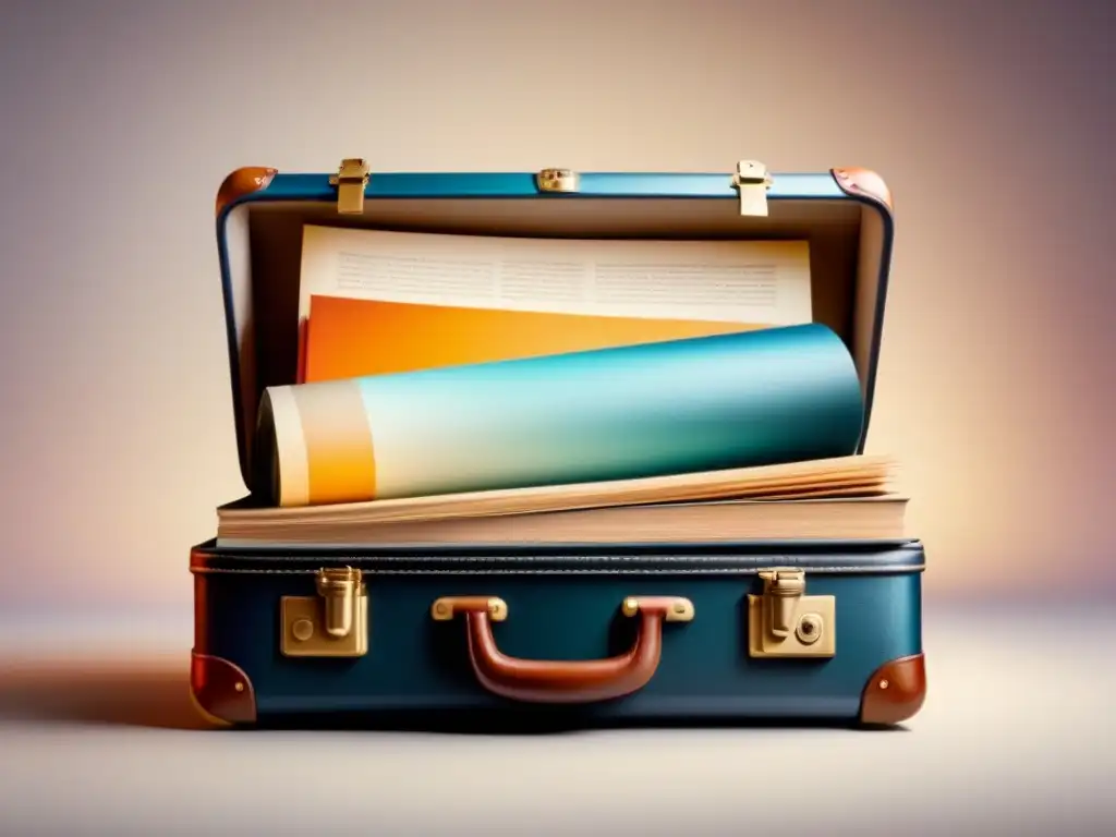 Una maleta rebosante de objetos culturales de diversos países, organizados y visualmente atractivos