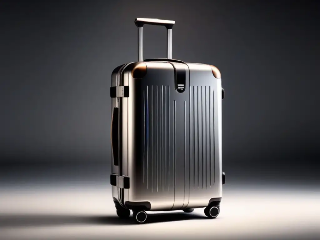 Maleta inteligente ultramoderna: diseño sofisticado y tecnología puntera Un maletín inteligente futurista con tecnología en equipaje para viajes, destacando elegancia y alta tecnología en un fondo blanco impecable