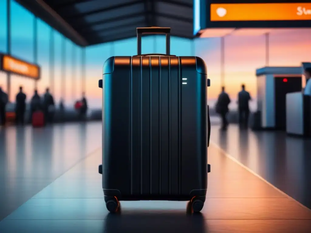 Maleta inteligente futurista con GPS y carga integrada Un maletín inteligente futurista con tecnología en equipaje para viajes, destacando su diseño vanguardista en una atmósfera de aeropuerto