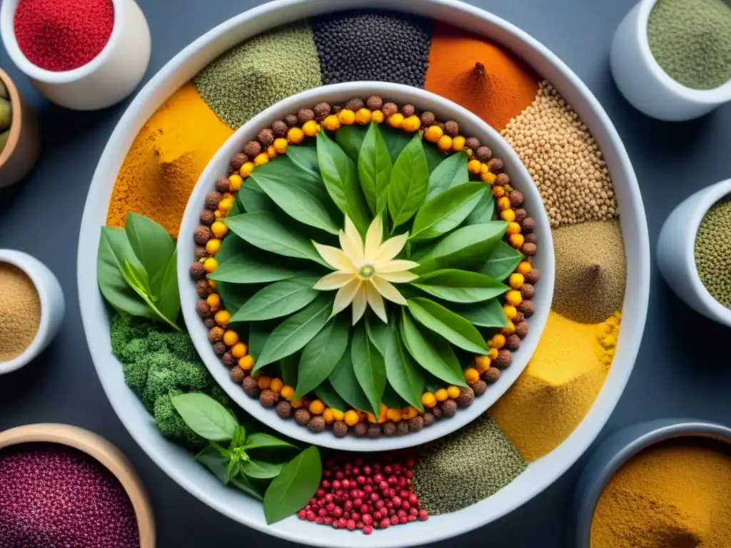 Mandala de especias: belleza y diversidad de sabores del mundo Un mandala de especias y hierbas coloridas revela secretos sabores auténticos de diversas culturas
