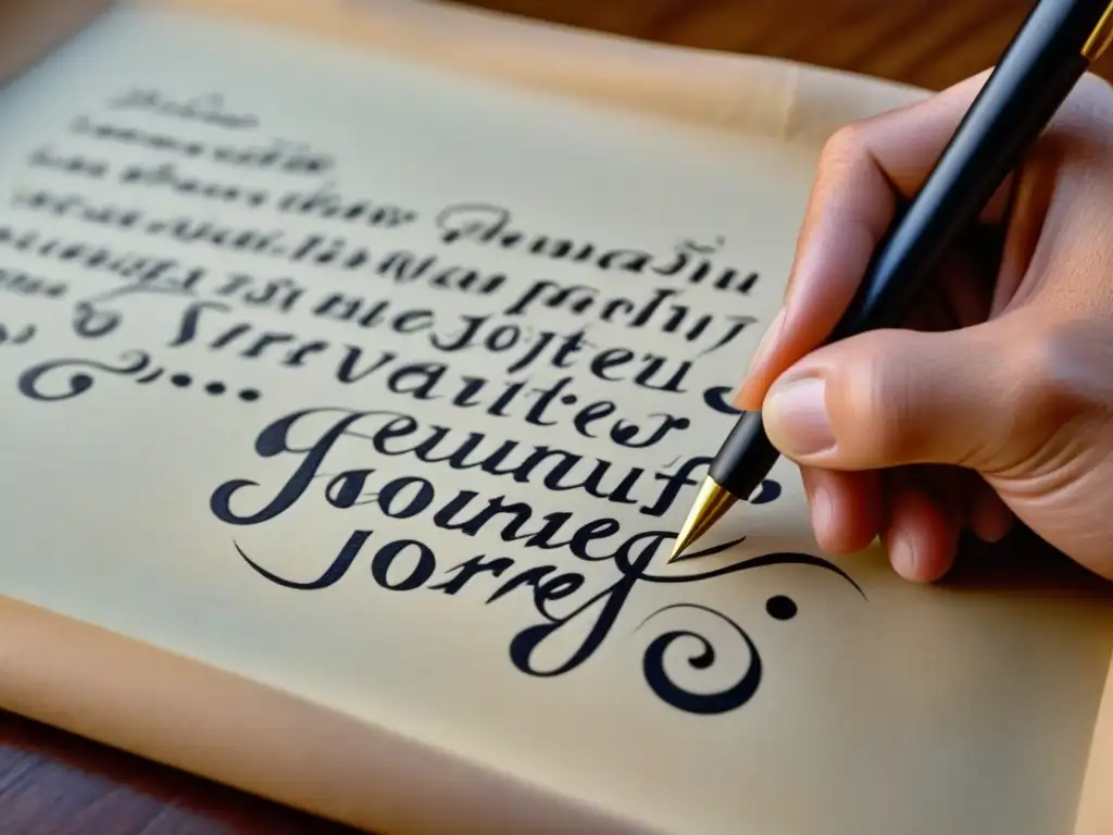Mano escribiendo caligrafía en pergamino, mejora habilidades lingüísticas voluntariado