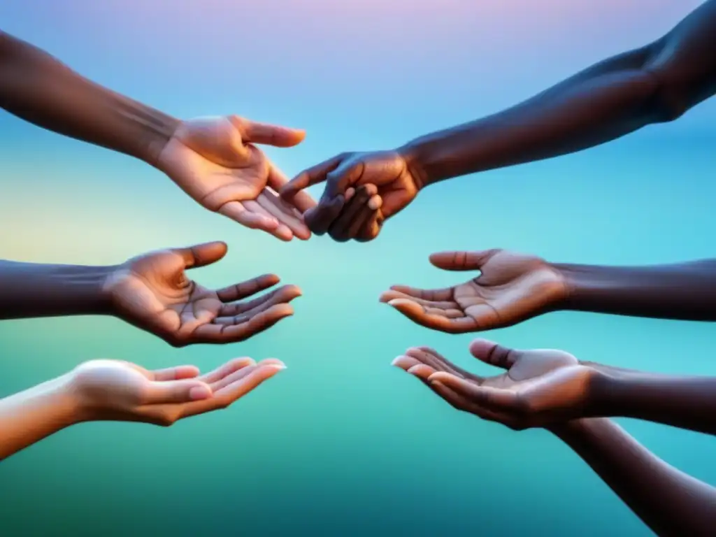 Manos de distintas culturas se unen en un gesto simbólico, reflejando intercambios culturales auténticos en línea