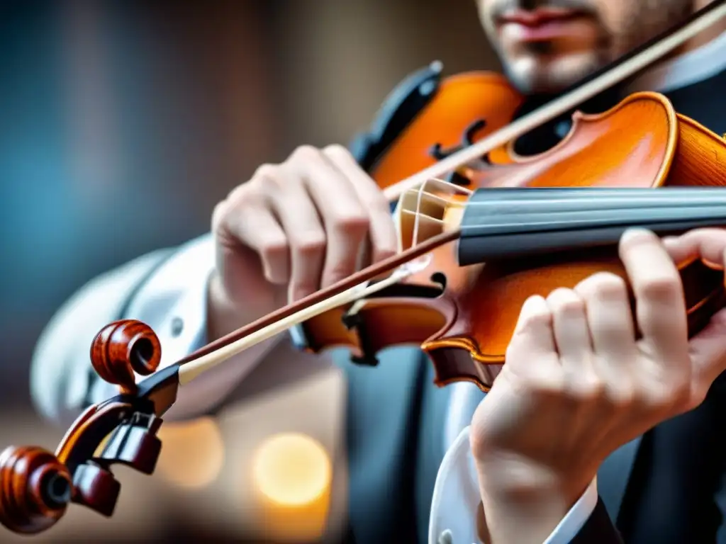 Manos expertas interpretando un violín barroco en Italia, destacando detalles y elegancia en festivales de música