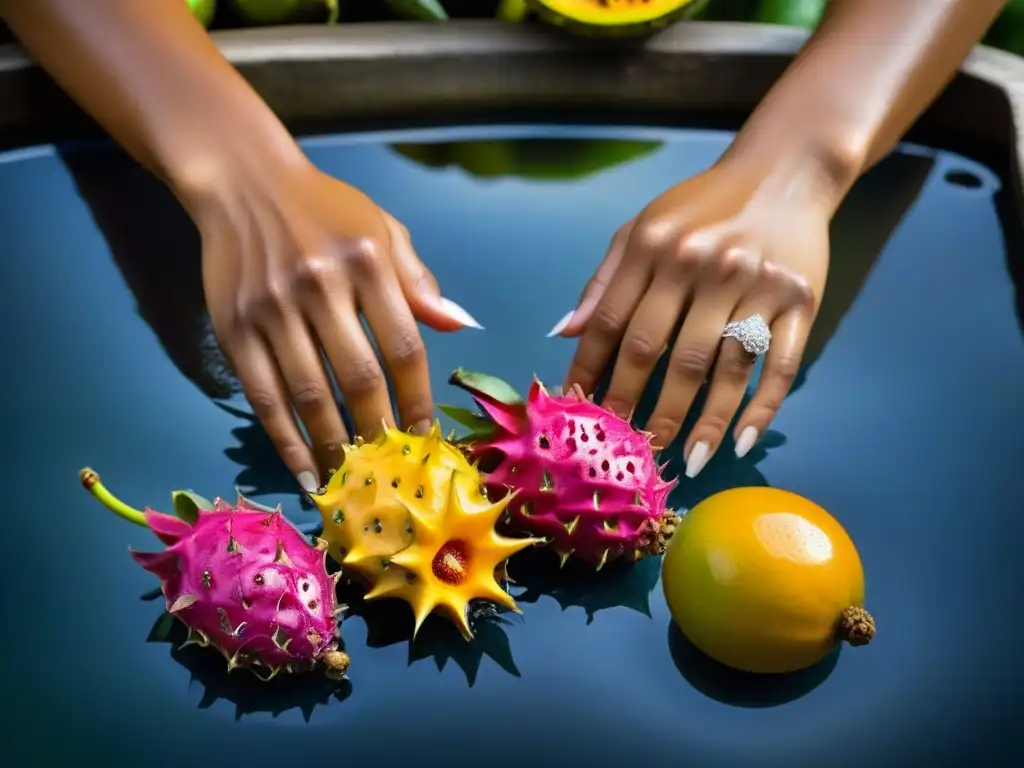 Manos lavando frutas exóticas bajo agua cristalina