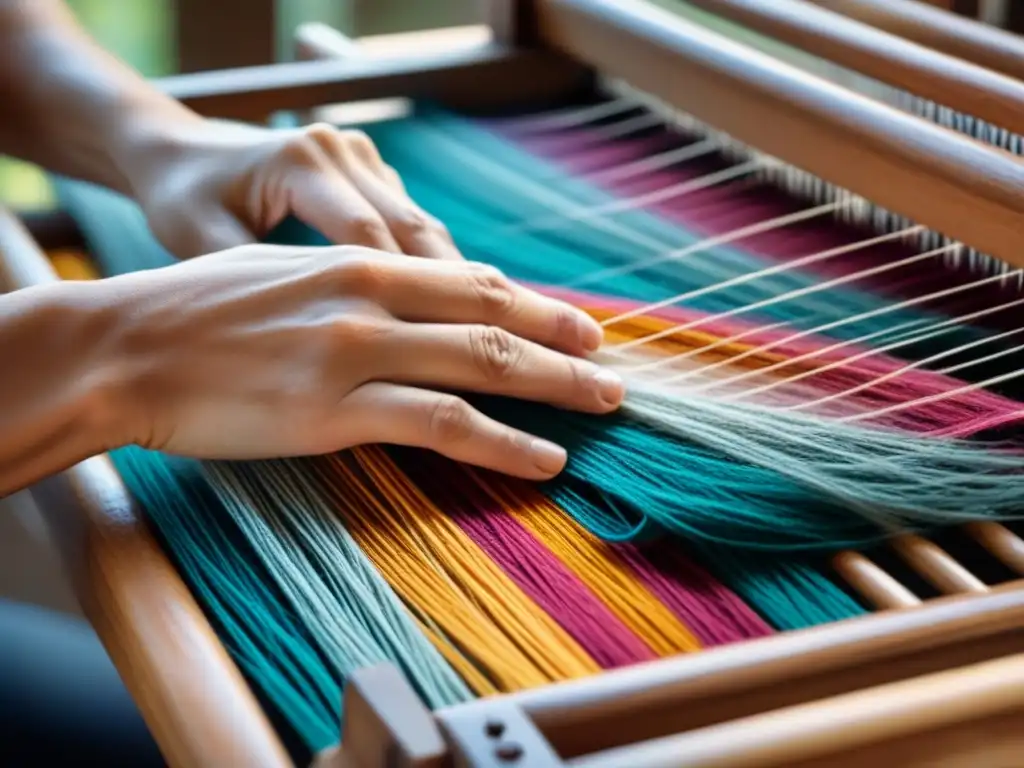 Arte textil: manos expertas tejiendo hilos coloridos en telar tradicional Manos hábiles tejen hilos coloridos en telar de madera: Proyectos textiles preservación memoria cultural
