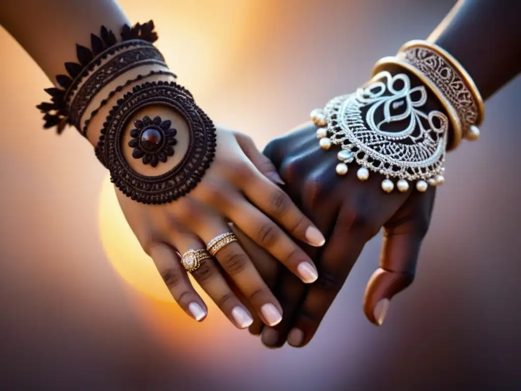 Unión de manos con henna y joyas, simbolizando la diversidad y colaboración en el viaje artístico