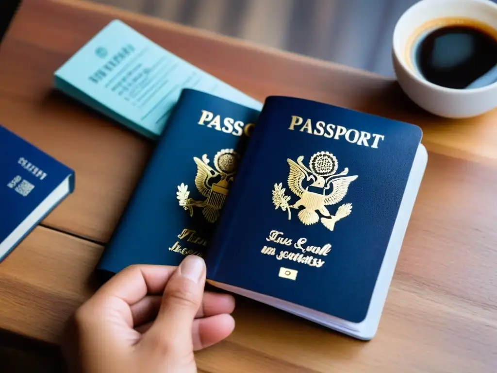 Manos sosteniendo pasaporte, notas de idiomas y café en mesa de madera
