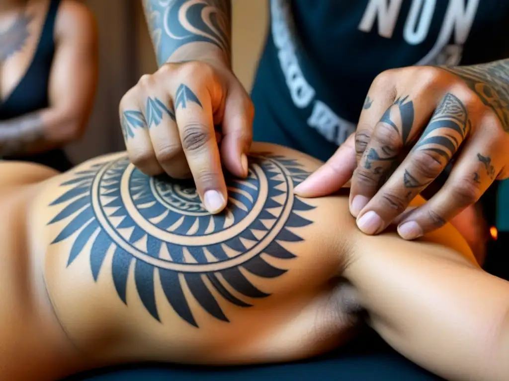 Las manos del tatuador polinesio crean con precisión un diseño tradicional, mostrando el significado de los tatuajes polinesios en la cultura