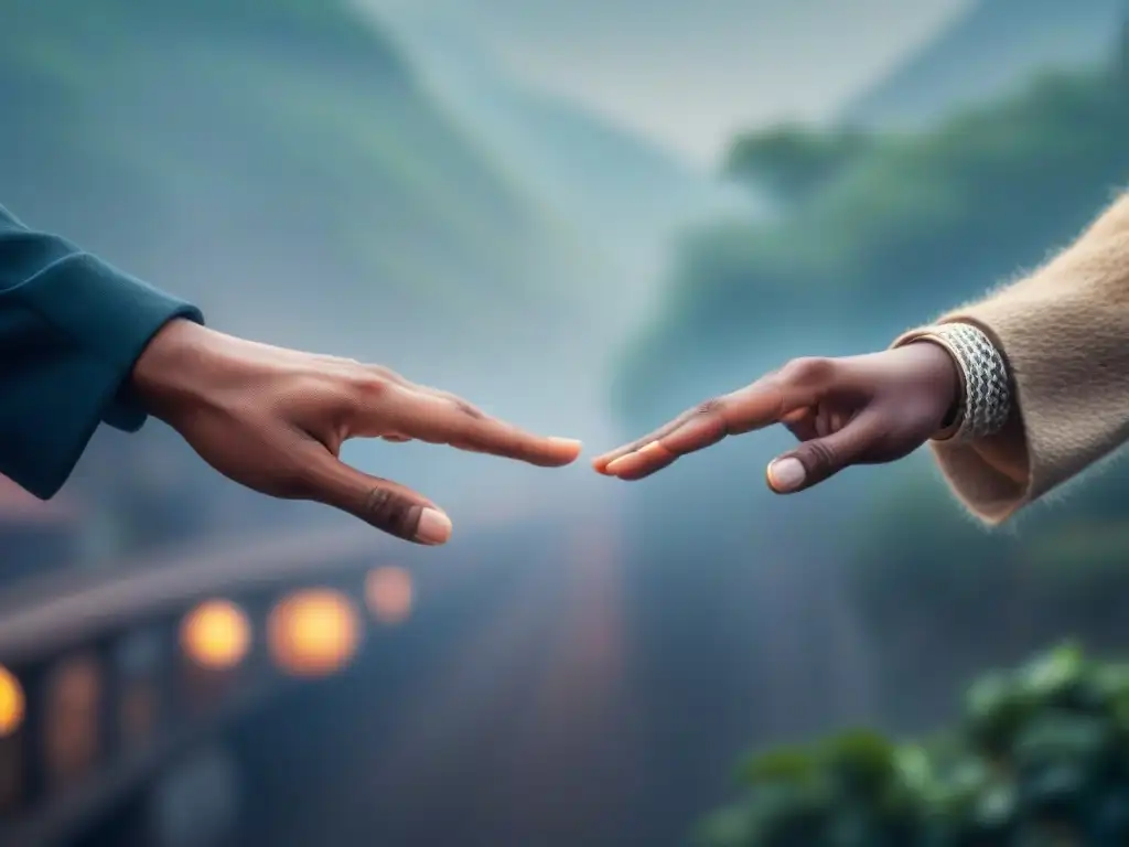 Dos manos se extienden a través de una pantalla digital, simbolizando intercambios culturales auténticos en línea