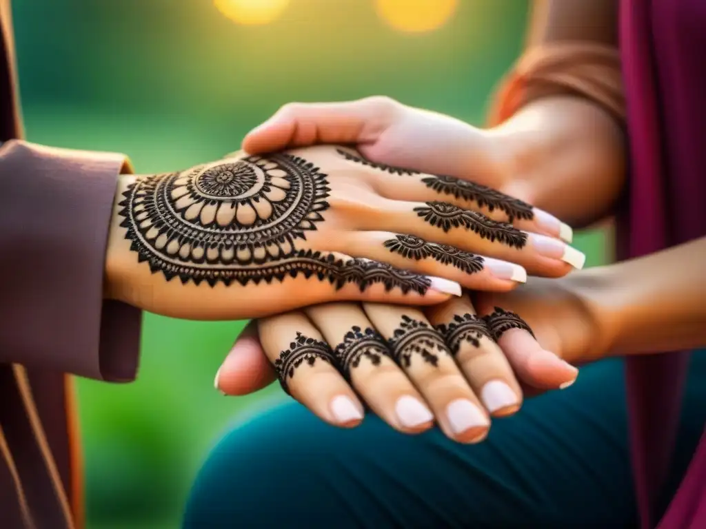 Unión cultural: manos entrelazadas con henna en Asia Manos unidas con henna, fondo suave, simbolizando unidad y conexión en un homestay asiático, relaciones duraderas amistad
