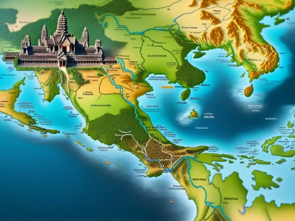 Mapa detallado del Sudeste Asiático: colores vibrantes y símbolos culturales icónicos Mapa detallado del Sudeste Asiático con colores vibrantes y emblemáticos puntos turísticos, inspirando exploración y maravilla
