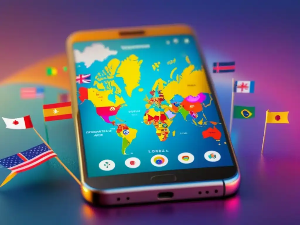 Mapa global colorido con íconos festivos alrededor, en pantalla de smartphone