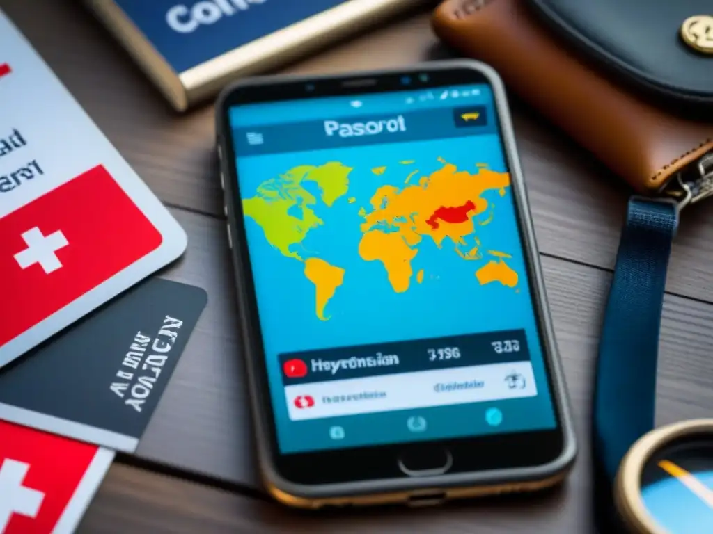 Un mapa mundial en un smartphone con íconos de emergencia resaltados, rodeado de elementos de viaje y seguridad