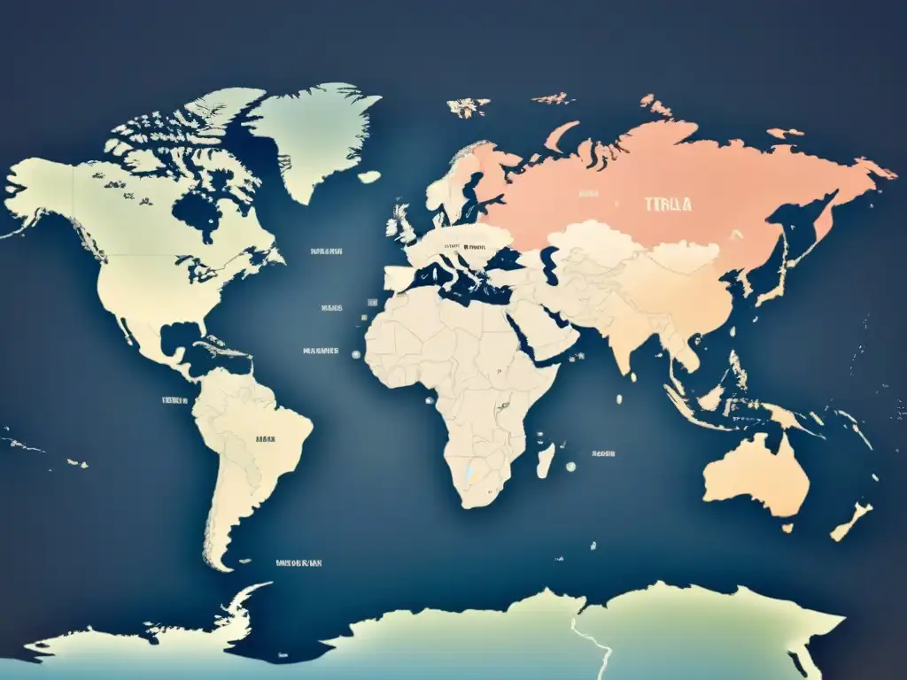 Mapa del mundo con símbolos culturales superpuestos en tonos suaves, transmitiendo unidad y diversidad global