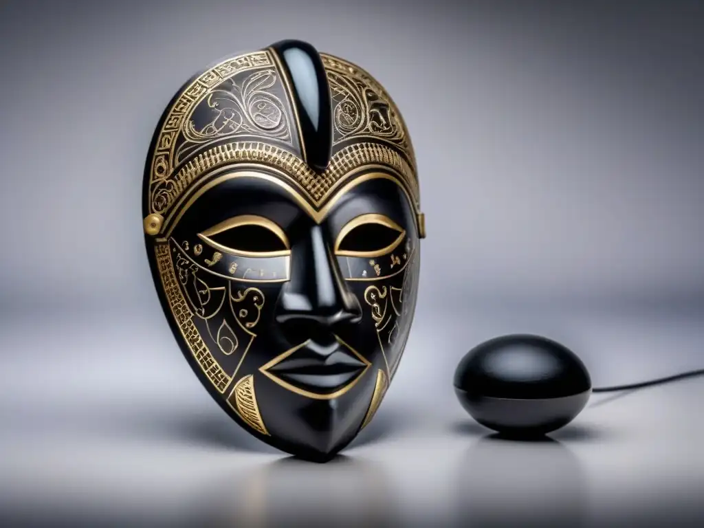 Una máscara africana cultural detallada en ébano, con patrones simbólicos de historias y cultura, sobre fondo blanco