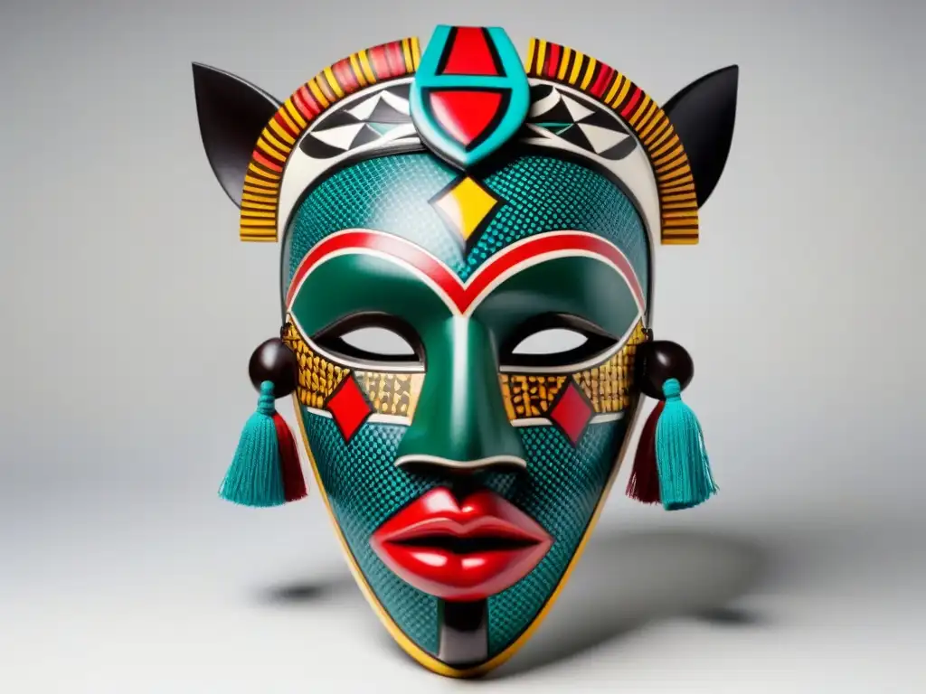 Una máscara africana intrincada y colorida, con patrones geométricos audaces, evocando historias culturales
