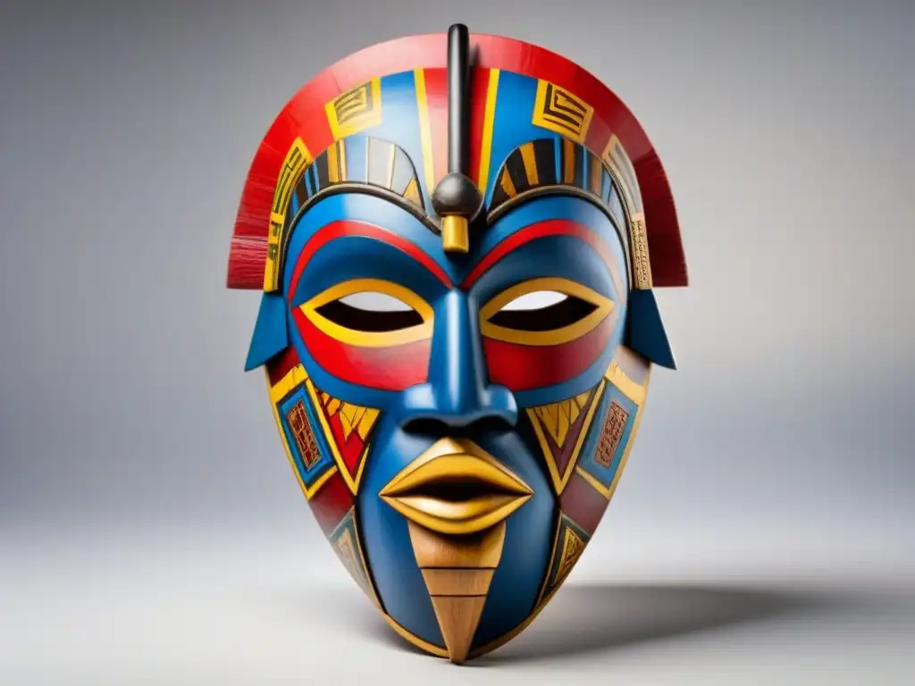 Una máscara africana tallada con patrones vibrantes, transmitiendo historias y sabiduría de antiguas tradiciones culturales