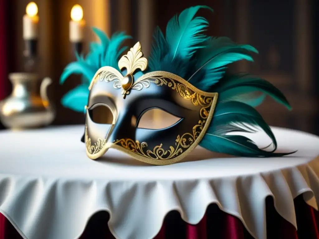 Máscara veneciana: misterio y elegancia en blanco y negro Una máscara veneciana de carnaval, con patrones detallados y plumas, evocando misterio y elegancia