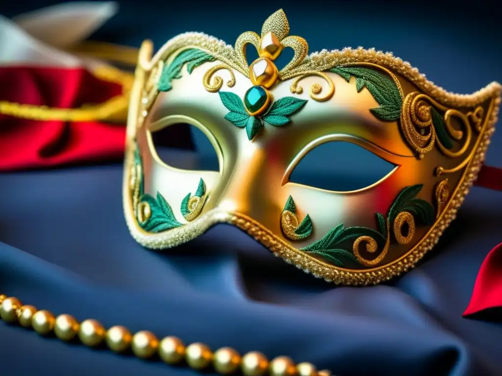 Máscara veneciana: detalle artesanal y misterioso Una máscara veneciana detallada con adornos brillantes y colores vibrantes, representando la magia del Carnaval de Venecia