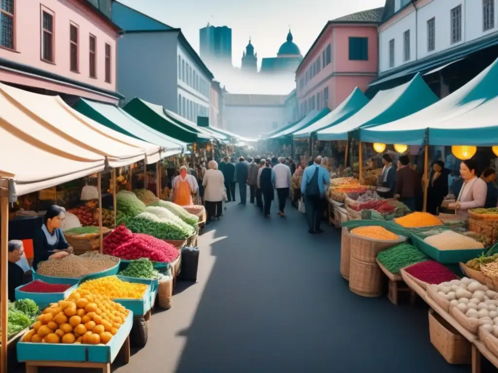 Mercado multicultural vibrante: arte lineal en blanco y negro Un mercado callejero bullicioso en una ciudad extranjera vibrante, con productos locales y personas de diversas culturas interactuando