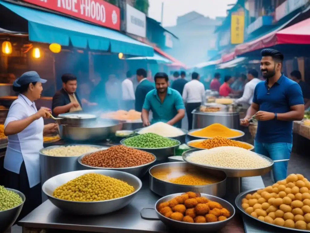 Un mercado callejero bullicioso con una diversidad de vendedores y clientes disfrutando de platos coloridos y tentadores