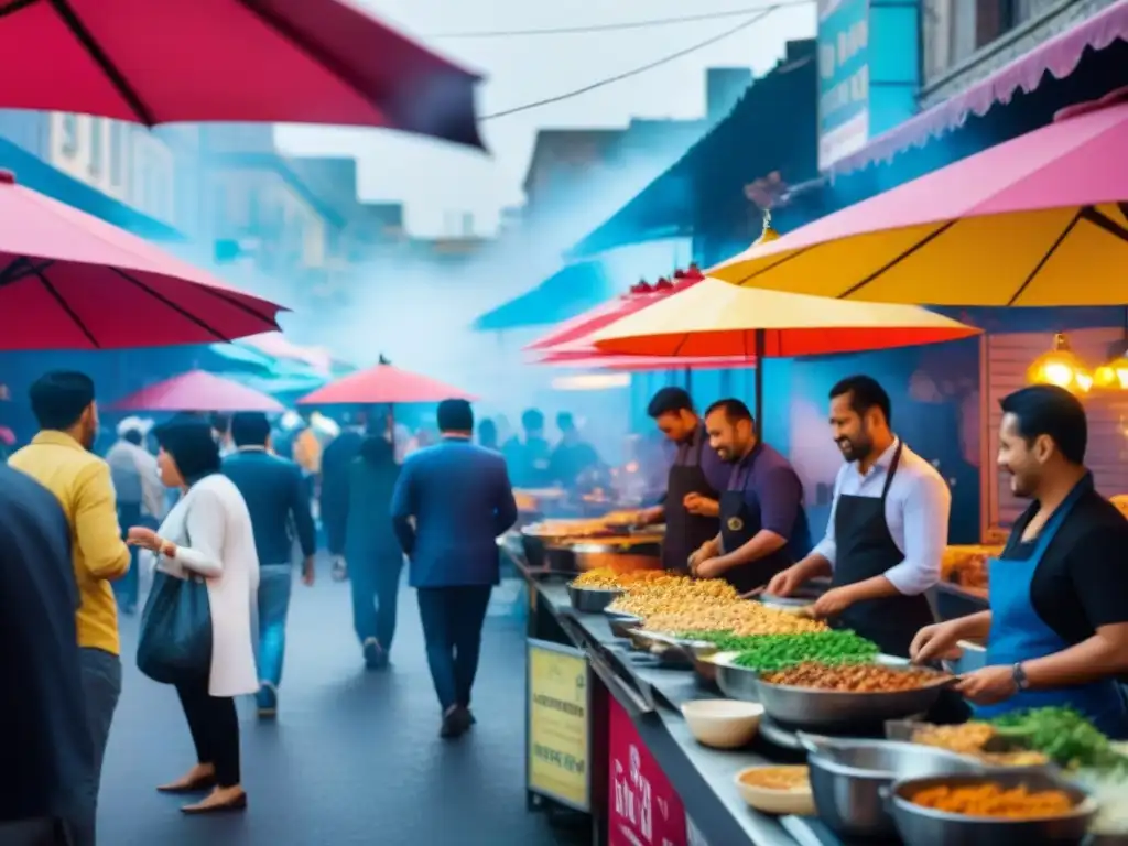 Un mercado callejero bullicioso con puestos de comida gourmet, una multitud diversa disfrutando de platos exóticos bajo sombrillas coloridas