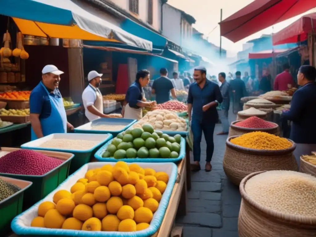 Un mercado callejero vibrante lleno de puestos coloridos de frutas exóticas, especias y platos tradicionales de todo el mundo